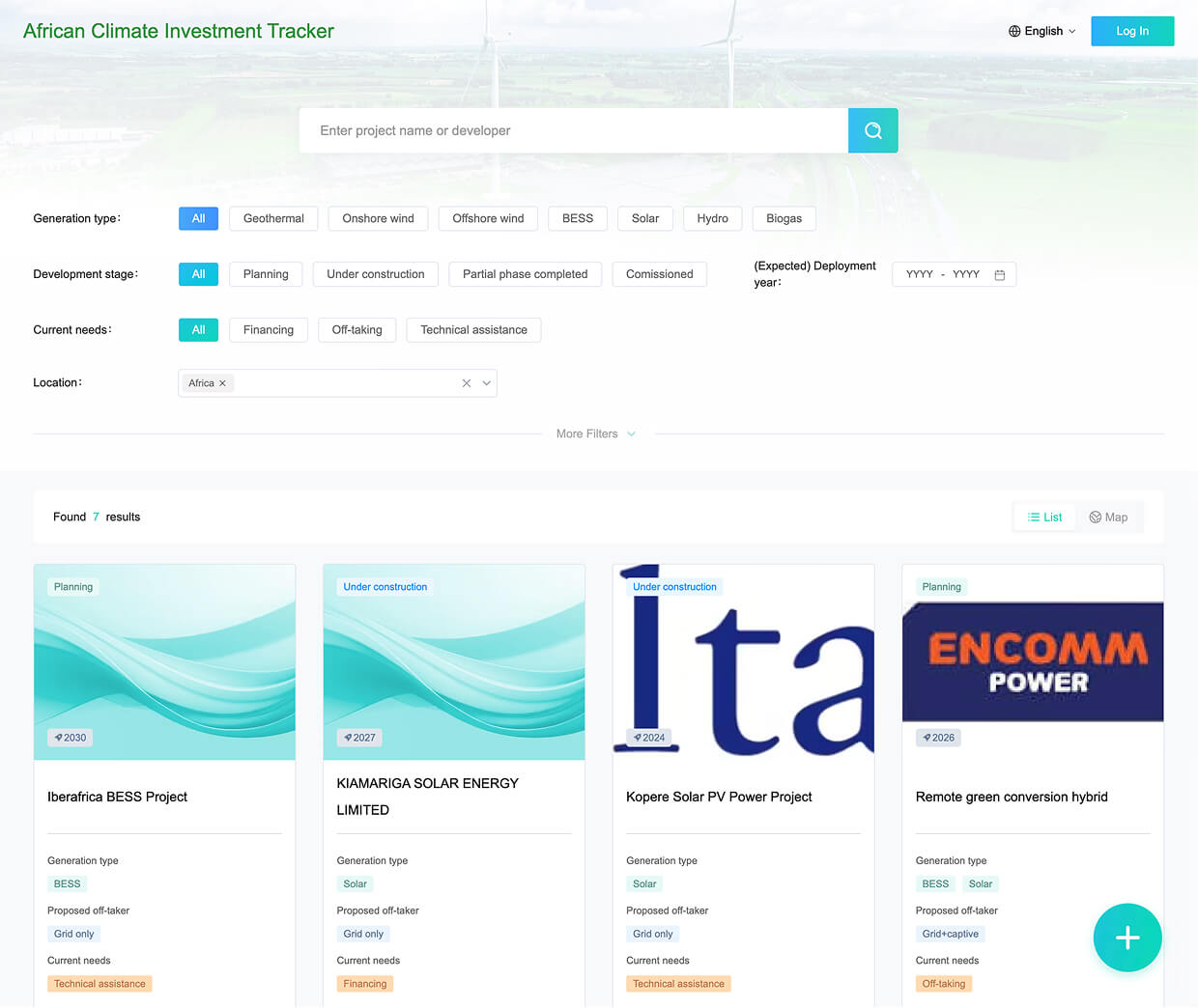 Africa Climate Investment Tracker interface screenshot